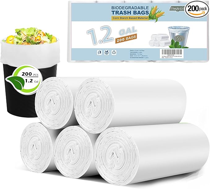 Inwaysin 1.2 Gallon 200 Pcs Small Trash Bags Bathroom Garbage Bags, Clear White Office Waste Basket Liners Compost Bags for Kitchen, Office, Pet Litter, Car, 5-6 Liter