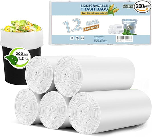 Inwaysin 1.2 Gallon 200 Pcs Small Trash Bags Bathroom Garbage Bags, Clear White Office Waste Basket Liners Compost Bags for Kitchen, Office, Pet Litter, Car, 5-6 Liter