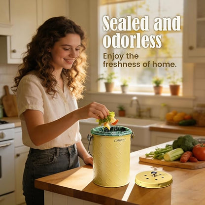 AOSION Countertop Compost Bin Kitchen,Odorless Indoor Compost Bin with Lid,Farmhouse Composter Container for Food Waste,Includes 2 Carbon Filters, Small Compost Bucket,Trash Bags (Modern, Yellow)