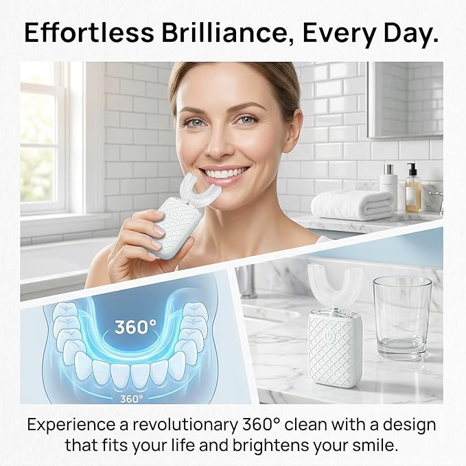 Sonic Electric U Shaped Toothbrush for Adults, Automatic Full Mouth Cleaning Toothbrush, 360° Stain Removal, IPX7 Waterproof Rechargeable, 3 U-Shape & 2 Straight Brush Heads (White - Cup)