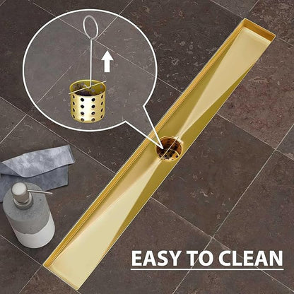 SaniteModar Linear Shower Drain, Gold Shower Drain 24 inch with Removable Grate,Brushed 304 Stainless Steel Linear Drain with Hair Strainer & Leveling Feet