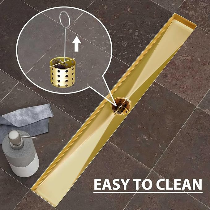 SaniteModar Gold Linear Shower Drain, Gold Shower Drain 18 inch with Removable Grate,Brushed 304 Stainless Steel Linear Drain with Hair Strainer and Leveling Feet