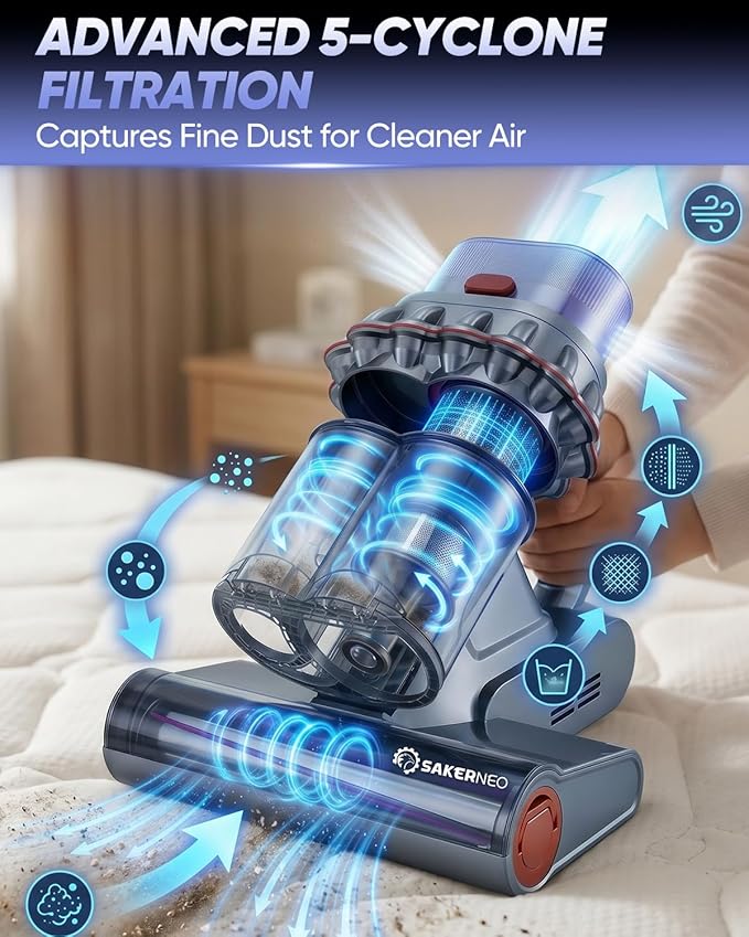 Powerful Bed Vacuum Cleaner with Digital Display, 5-Cyclone Filtration, 14kPa Strong Suction, HEPA Filter, Handheld Vacuum for Mattress, Carpet, Sofa and Pet Hair
