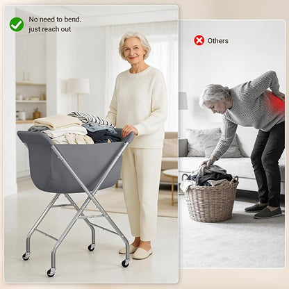 ELYKEN Laundry Cart with Wheels, 33”H Easy Rolling Laundry Hamper with Removable Liner Bag, Sturdy Metal Frame Clothes Basket with 4 Casters and 2 Brakes