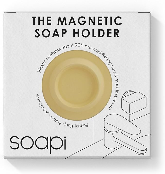 Magnetic Soap Holder – No-Drill Installation – Space-Saving Wall Soap Dish – Wall Mounted, Eco-Friendly Bar Soap Holder – Recycled Ocean Plastic – Stick Anywhere - Soapi (Yellow)
