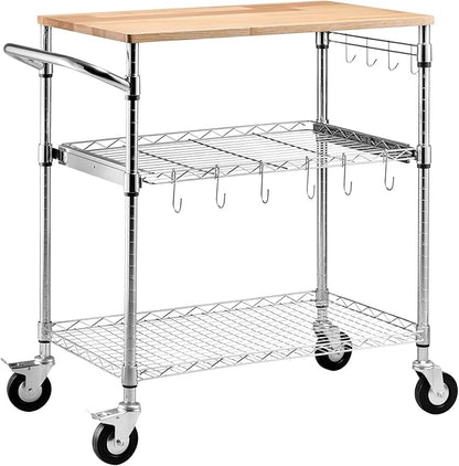 VEVOR Kitchen Utility Cart, 3 Tier Heavy Duty Adjustable Wire Storage Rack with Wood Tabletop and Handle Bar, Rolling Portable Service Trolley on Wheels, 661 lbs Steel Work Table, 30x18x36 in
