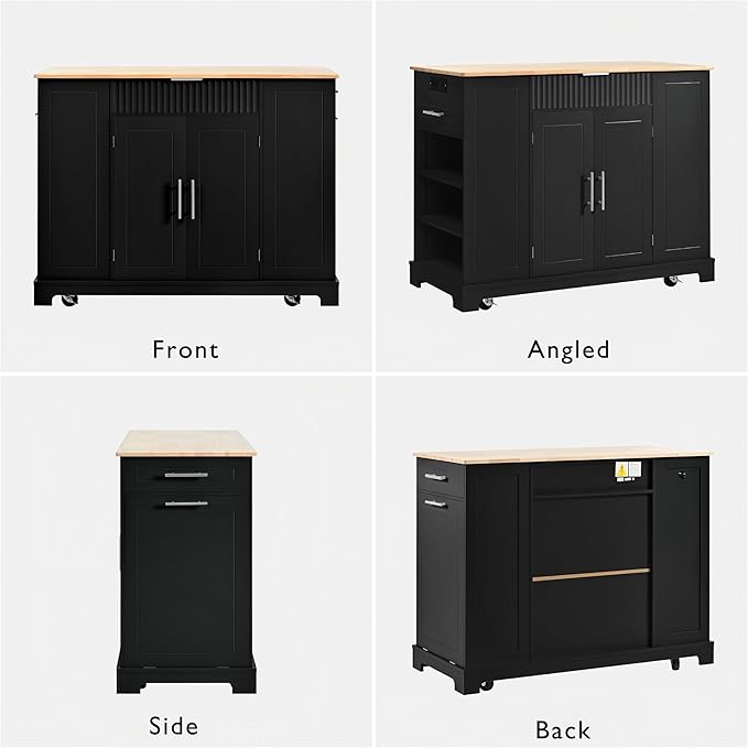 48.5" Kitchen Island with Trash Can Storage Cabinet, Power Outlet, Internal Storage Rack, Rolling Kitchen Islands Cart on 5 Wheels with 3 Drawers, 3 Open Side Racks, Black