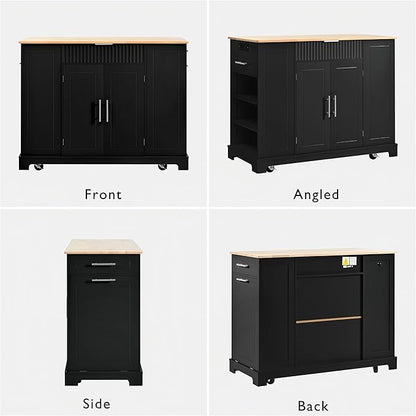 48.5" Kitchen Island with Trash Can Storage Cabinet, Power Outlet, Internal Storage Rack, Rolling Kitchen Islands Cart on 5 Wheels with 3 Drawers, 3 Open Side Racks, Black