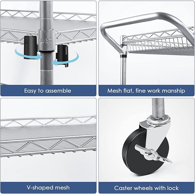 WDT Heavy Duty 3 Tier Utility Cart,Wire Rolling Carts with Wheels, Commercial Grade Service Cart with Shelving Liners and Handle Bar Metal Carts for Kitchen Office Hardware