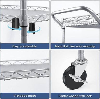 WDT Heavy Duty 3 Tier Utility Cart,Wire Rolling Carts with Wheels, Commercial Grade Service Cart with Shelving Liners and Handle Bar Metal Carts for Kitchen Office Hardware