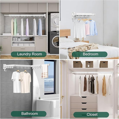 Kelisiting Wall Mounted Clothes Drying Rack, Laundry Drying Rack Wall Mount, 3-Fold Drying Rack Clothing, Foldable Clothes Drying Rack with 12 Dual Hooks Organization for Laundry Room Indoor - White