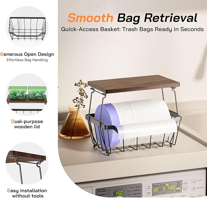 MOJOHAND Large Trash Bag Holder with Wooden Board, Garbage Bag Dispenser Under Sink, Metal Stackable Organizer and Storage for Kictchen Cabinet Pantry