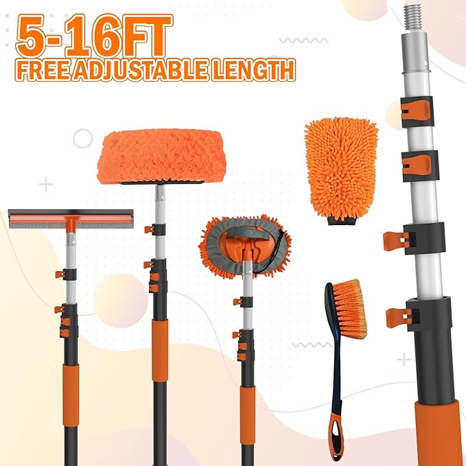LAANPOLE 16FT Car Wash Brush with Long Handle, Car Cleaning Kit with Soft Bristle Wash Brush, Microfiber Cleaning Mop, Window Squeegee, Mitt, Wheel Brush for RV, Truck, Boat, House Siding