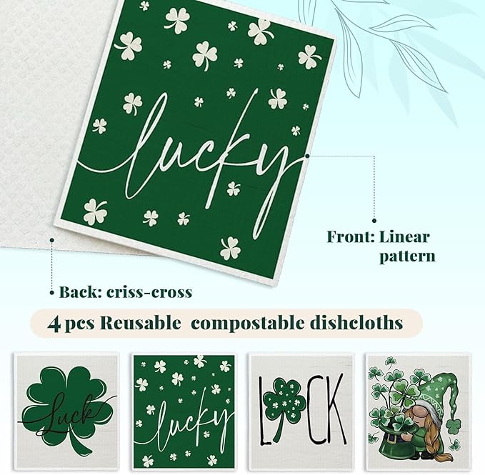 Lucky Wishes Swedish Dishcloths for Kitchen, Green Swedish Dish Cloths for Four-Leaf Clover, 4 Pack Dish Towels for Kitchen, Papaya Reusable Paper Towels Washable