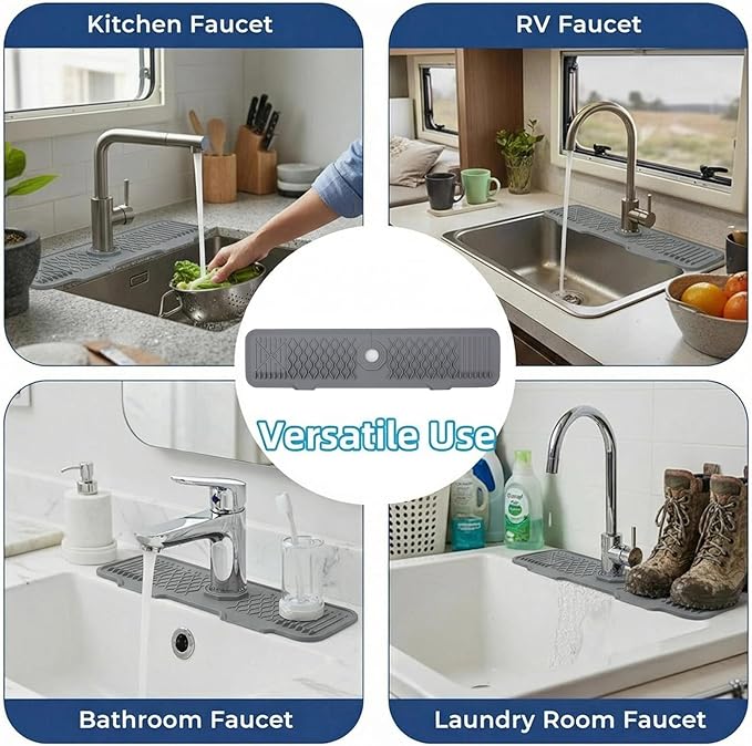 Silicone Faucet Handle Drip Catcher Beveled Drying Tray Mat Dish Soap Sponge Holder Accessories Gadgets for Kitchen Counter Bathroom Kitchen Sink Splash Guard (24")