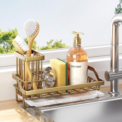 Consumest Sink Caddy, Kitchen Sponge Holder with Dish Brush Holder, Kitchen Sink Organizer with Drip Tray for Countertop, Stainless Steel Rustproof - Gold