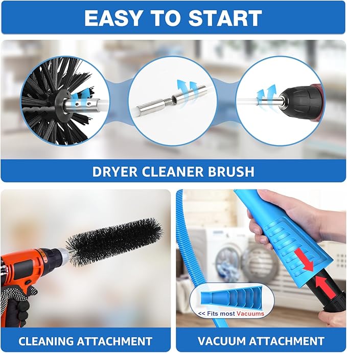 PetOde 32-Feet Dryer Vent Cleaner Kit, Dryer Vent Cleaning Kit Lint Remover with Dryer Vent Brush, Vacuum Hose Attachment Cleaning Tools, Flexible Lint Trap Brush, Vacuum & Dryer Adapters