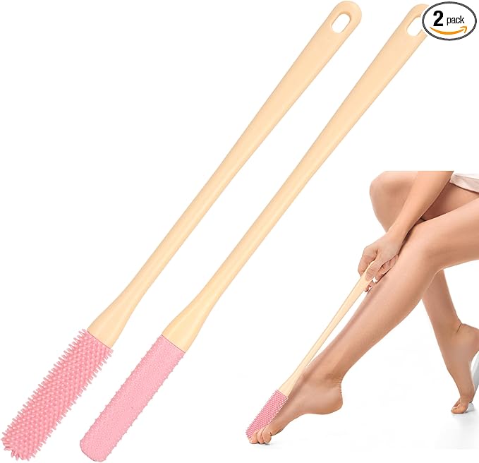 2 Pack Toe Cleaning Brush - Long Handled Portable Silicone Gap Brushes, Soft Rubber Exfoliating Foot Scrubber for Bath Shower, Crevice Gentle Cleaner for Seniors Elderly Men & Women Feet Scrub, Pink