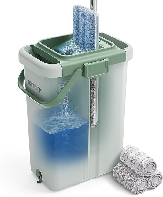 JOYMOOP Mop and Bucket Set, Commercial & Household Use Flat Mop with Bucket, Wall Cleaner with Long Handle, Microfiber Mop Bucket with 3 Reusable 15" Pads