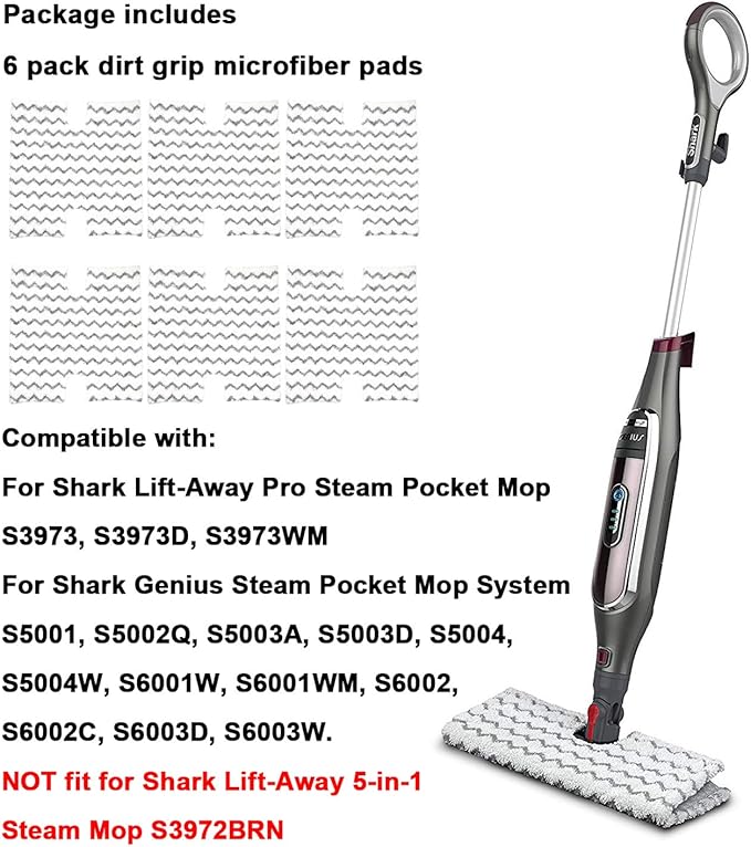 6 Pack Steam Mop Pads Replacement P184WQ for Shark Genius Steam Mop S5003D & Lift-Away Pro Steam Mop S3973 S3973D S3973WM S5001 S5002Q S5003A S5004 S5004W S6001W S6001WM S6002C S6003D S6003W