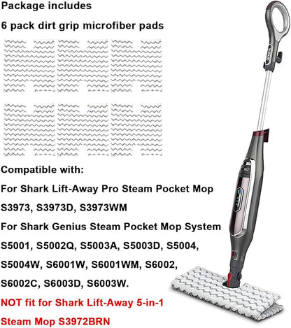 6 Pack Steam Mop Pads Replacement P184WQ for Shark Genius Steam Mop S5003D & Lift-Away Pro Steam Mop S3973 S3973D S3973WM S5001 S5002Q S5003A S5004 S5004W S6001W S6001WM S6002C S6003D S6003W