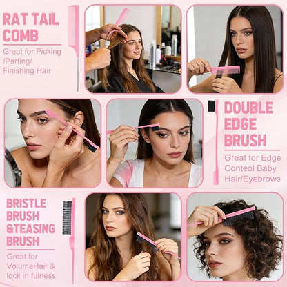 ProSuites 76 Pcs Pink Hair Brush Set for Baby Girls - Scalp Scrubber with Handle, Detangle Hair Brush, Spray Bottle, Slick Back Brush Set Wide Tooth Mini Wet Brushes for Travel Home Use