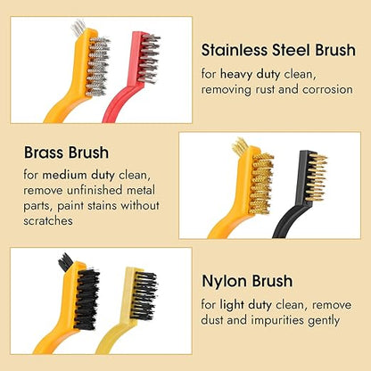 6 Pieces Wire Brushes Set, Small Metal Brass Brush, Stainless Steel Brush, Nylon Brushes for Cleaning Metal Rust and Paint Removal (Yellow+3 Mixed Color, L)