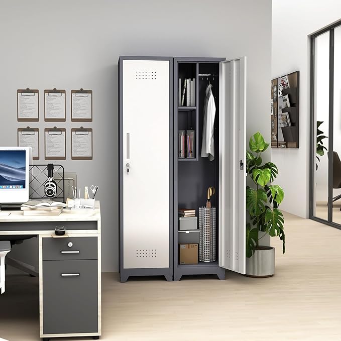 Cabinet,Utility Storage Cabinet with Hanging Rod,Tall Bathroom Storage Cabinets with Locking Door for Office, Gym, Garage,Grey