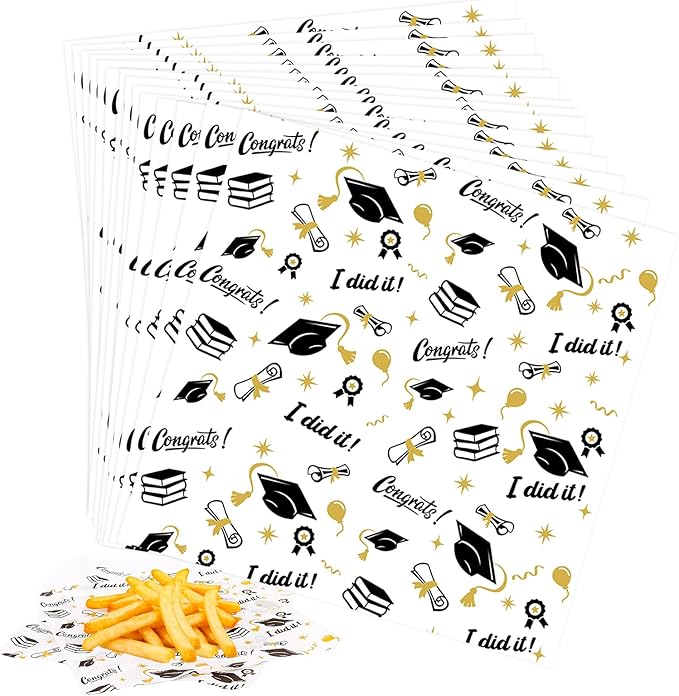 FOIMAS 150pcs Graduation Wax Paper,9.8 x 9.8 Inch Congrats Grad Food Deli Paper Grad Cap Sandwich Basket Liner for 2026 Graduation Party Kitchen Supply