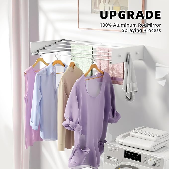 ZMBESUP Upgrade Wall Mounted Drying Rack with 6 Hooks, 31.5" Foldable Laundry Rack, 5 Rods & Hooks Space Saver for Bathroom, Collapsible Clothing Rack with Template for Indoor Outdoor (White)