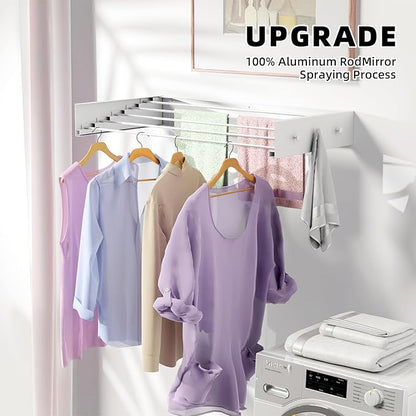 ZMBESUP Upgrade Wall Mounted Drying Rack with 6 Hooks, 31.5" Foldable Laundry Rack, 5 Rods & Hooks Space Saver for Bathroom, Collapsible Clothing Rack with Template for Indoor Outdoor (White)