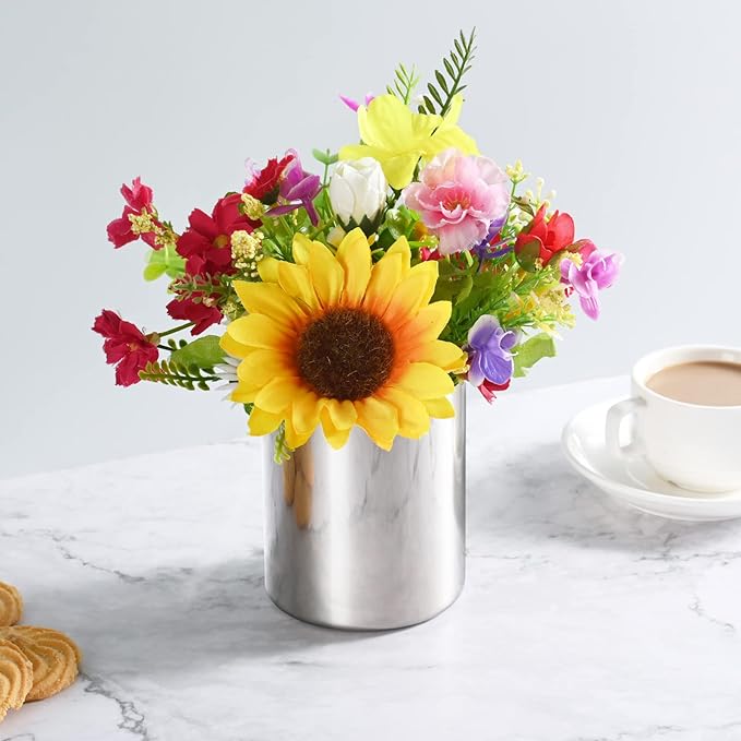 2 Packs Silver Round Stainless Steel Pen Holder,Minimalist Mini Metal Vase,Desktop Stationery Organizer,Vacuum Plating Makeup Brush Holder