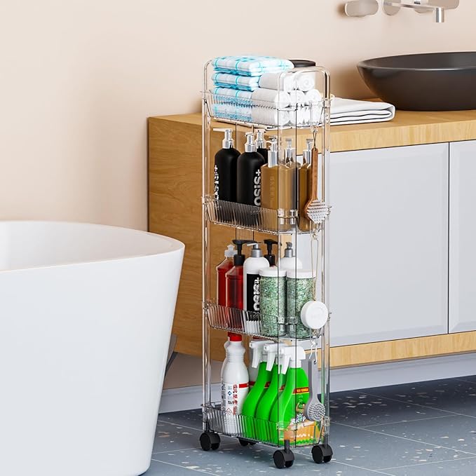 Yieach 4 Tier Rolling Cart with Wheels,Clear Narrow Bathroom Rack Organizer,Slim Storage Cart,Three Tier Thin Shelf and Narrow Rolling Utility Cart for Small Space Shelf,Dorm Room,Kitchen,Laundry