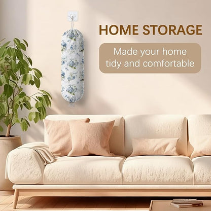 Plastic Bag Holder Dispenser, Floral Plastic Grocery Bag Organizer & Wall Mount Paper Trash Bags Saver Storage for Kitchen Home Pantry Decor, Hydrangea Floral Kitchen Decor