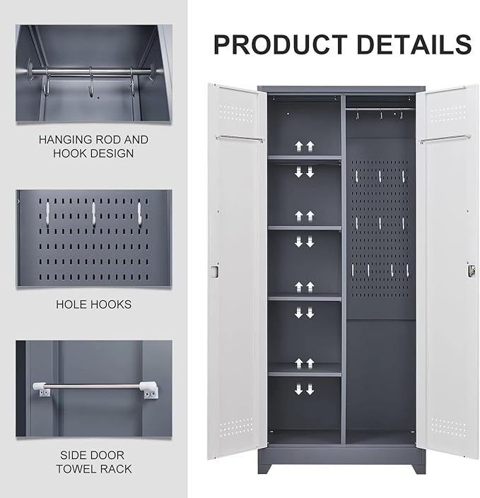 72"H Tall Metal Garage Storage Cabinet, Freestanding Broom Closet Storage Cabinet with Locking Door for Cleaning Tool, Large Tool Organizer Cabinet with Hanging Rod for Home Office, Grey White