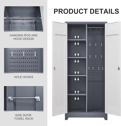 72"H Tall Metal Garage Storage Cabinet, Freestanding Broom Closet Storage Cabinet with Locking Door for Cleaning Tool, Large Tool Organizer Cabinet with Hanging Rod for Home Office, Grey White