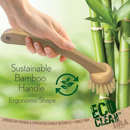 LOLA Eco Clean Bamboo Dish Brush, 6 Pack, Multi Purpose, Sustainable Ergonomic Renewable Bamboo Handle, Fibers are Recycled Soda/Water Bottles