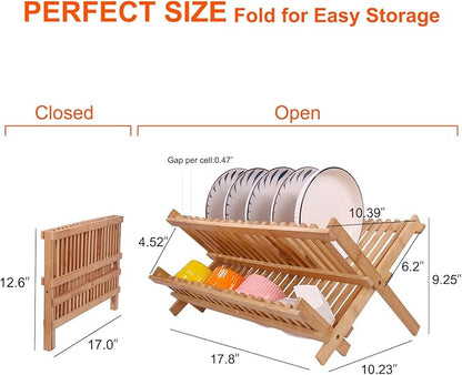 Collapsible Bamboo Dish Drying Rack - 2 Tier Space Saving Kitchen Counter Organizer, Holds 19 Plates, Bowls & Utensils (17.8"x10.23"x9.25")