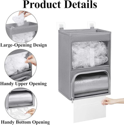 2-in-1 Plastic Bag Holder with Clear Window, Large Grocery Bag Holder and Trash Bag Dispenser with Easy-Access Openings, Plastic Bag Organizer for Kitchen RV Cabinet Wall Mounted (Gray)