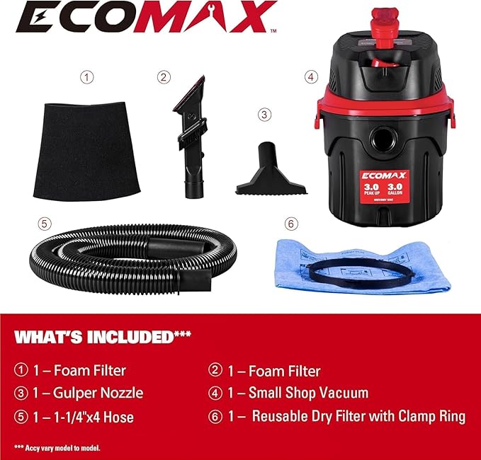 ECOMAX Small Shop Vacuum Wet/Dry 3 Gallon, 3 Peak HP, Small Shop Wet Dry Vac with Accessories, 3-in-1 Mini Shop Vacuum with Blower Function for Home, Car Detailing, Workshop, EM18910P-3