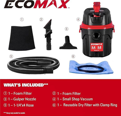 ECOMAX Small Shop Vacuum Wet/Dry 3 Gallon, 3 Peak HP, Small Shop Wet Dry Vac with Accessories, 3-in-1 Mini Shop Vacuum with Blower Function for Home, Car Detailing, Workshop, EM18910P-3