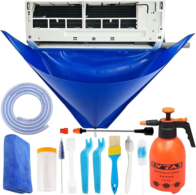 Oiktylr Mini Split Cleaning Kit Bag with 2L High Pressure Sprayer, Air Conditioner Cleaning Kit with Waterproof PVC AC Cleaning Cover Bib with HVAC Cleaning Tools, Small