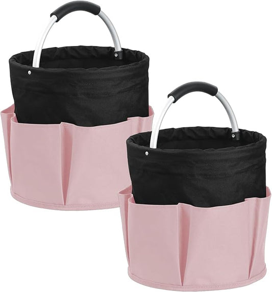 2Pcs 17L Shower Caddy with 6 Pockets, Portable Cleaning Caddy in 600D Oxford Fabric, Cleaning Supplies Bucket with Handle, Multifunctional Storage Basket for Dorm, Family, Black with Pink