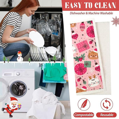 6 Pack Swedish Dishcloths for Kitchen |Watercolor Dish Towels | Reusable Paper Towels Washable | Non-Scratch Cellulose Sponge Cloths | No Odor, Biodegradable, Swedish Cloths, Pink Cat