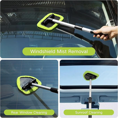 Qydipclin 11pcs Windshield Cleaner Tool, Car Window Cleaning Wash Kit with 6 Reusable Microfiber Pads 2 Spray Bottles and Extendable Handles Auto Glass Wiper Kit, Green
