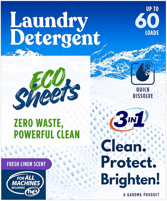 Laundry Detergent Sheets – 60 Eco Laundry Sheets Detergent, Travel Laundry Soap Sheets, Washer Sheets Detergent, Ultra Concentrated, Plastic-Free, Fresh Clean, 60 Sheets
