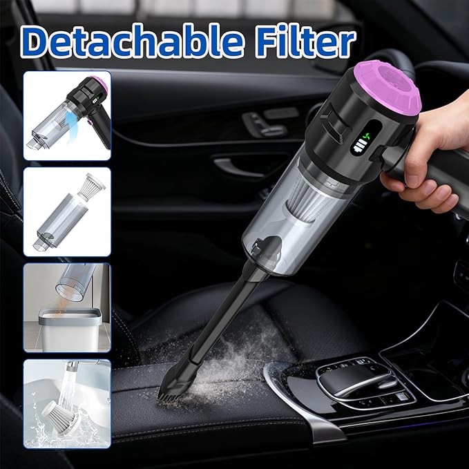 Sycoodeal Handheld Car Vacuum Cleaner, 25000PA Strong Cyclonic Suction Portable Mini Vacuum Cordless with Digital Display Lightweight for Pet Hair, Car, Home, Office, Kitchen (Purple)