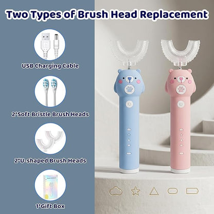 Kids Electric Toothbrush, with 4 Cleaning Modes, with 4 Brush Heads, Toddler U Shaped Toothbrush with 2 Soft Brush Head，Cartoon Bear 360-Degree Cleaning IPX7 Waterproof Design (Ages 2-16)