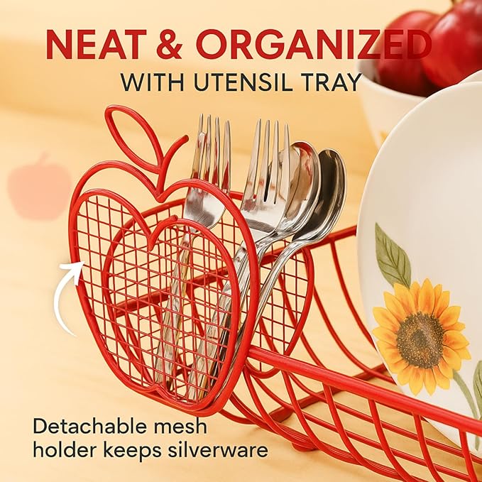 Jumbl Expandable Dish Drying Rack with Utensil Holder, Apple Design Metal Dish Drainer Adjusts 14 to 27 Inches, Rust-Resistant Countertop Dish Strainer for Kitchen Sink, RV, and Small Apartments