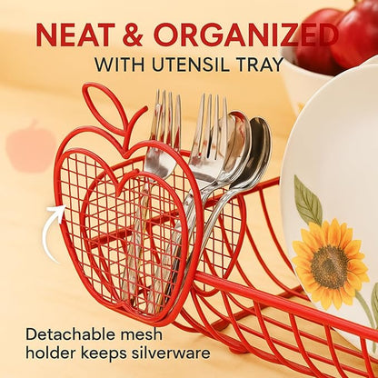 Jumbl Expandable Dish Drying Rack with Utensil Holder, Apple Design Metal Dish Drainer Adjusts 14 to 27 Inches, Rust-Resistant Countertop Dish Strainer for Kitchen Sink, RV, and Small Apartments